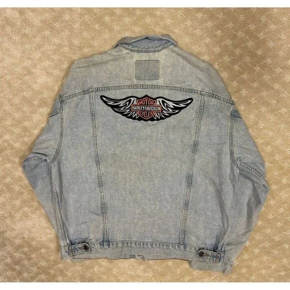 Levi's Denim Jacket Men's XL Light Wash Harley-Davidson Back Patch Biker Custom - Picture 2 of 5